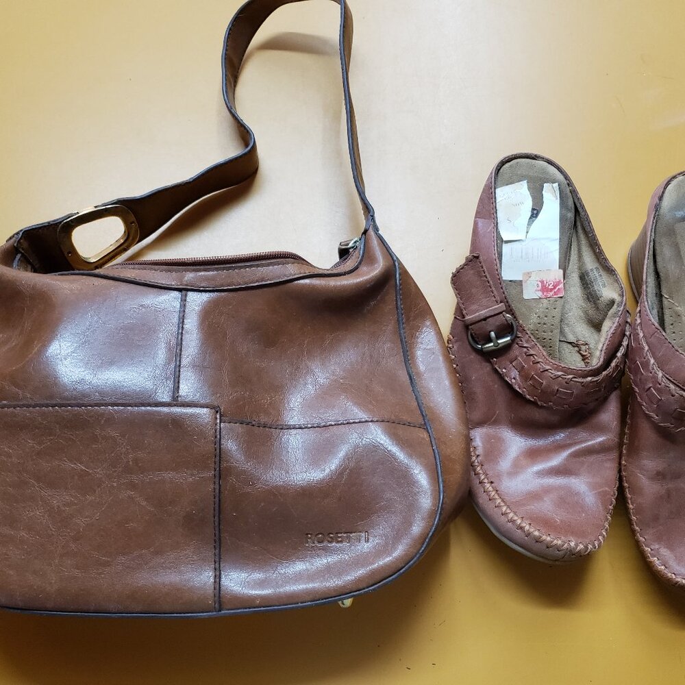 Brown leather purse and 6 1/2 leather clogs